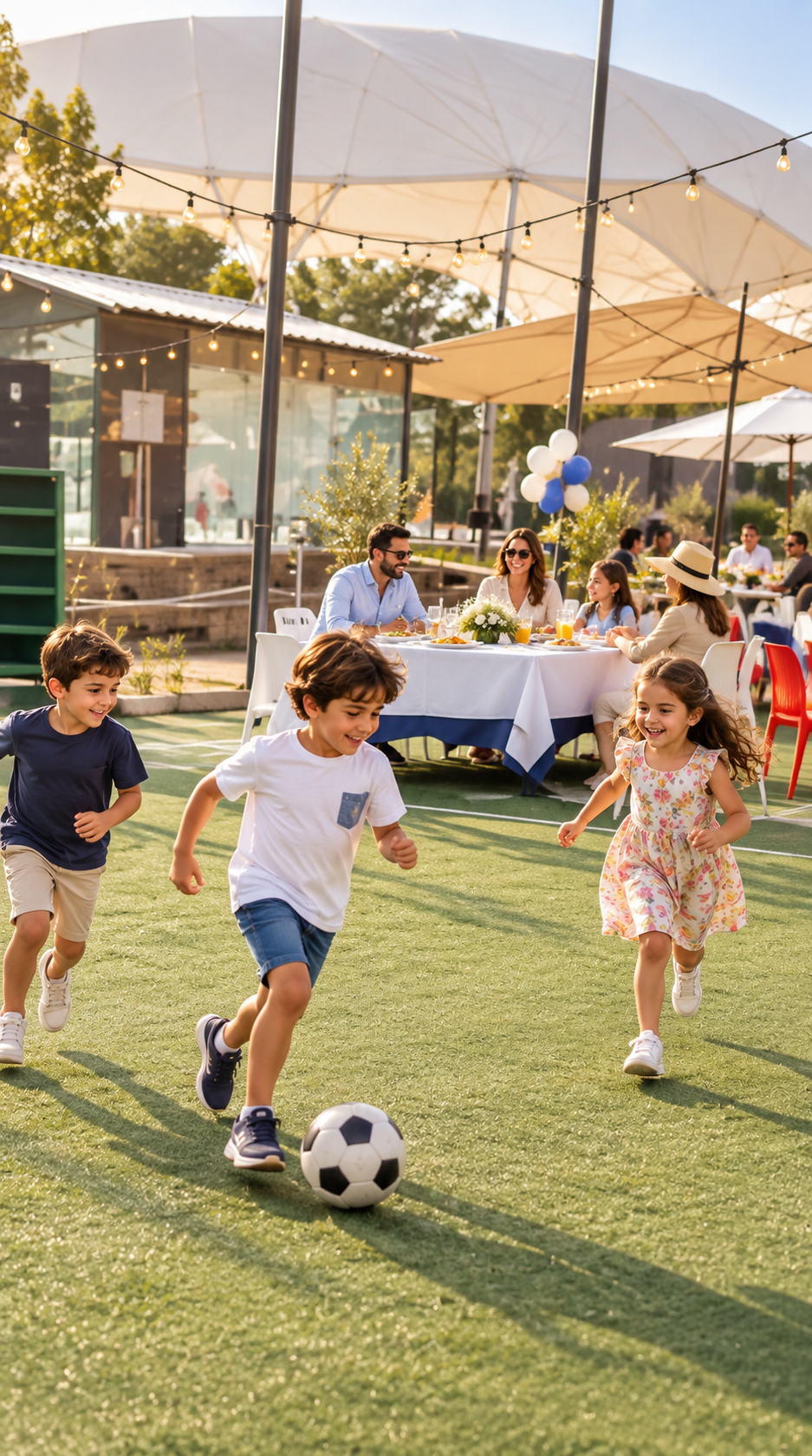 Niños jugando mientras las familias comparten en Experiencia Domo