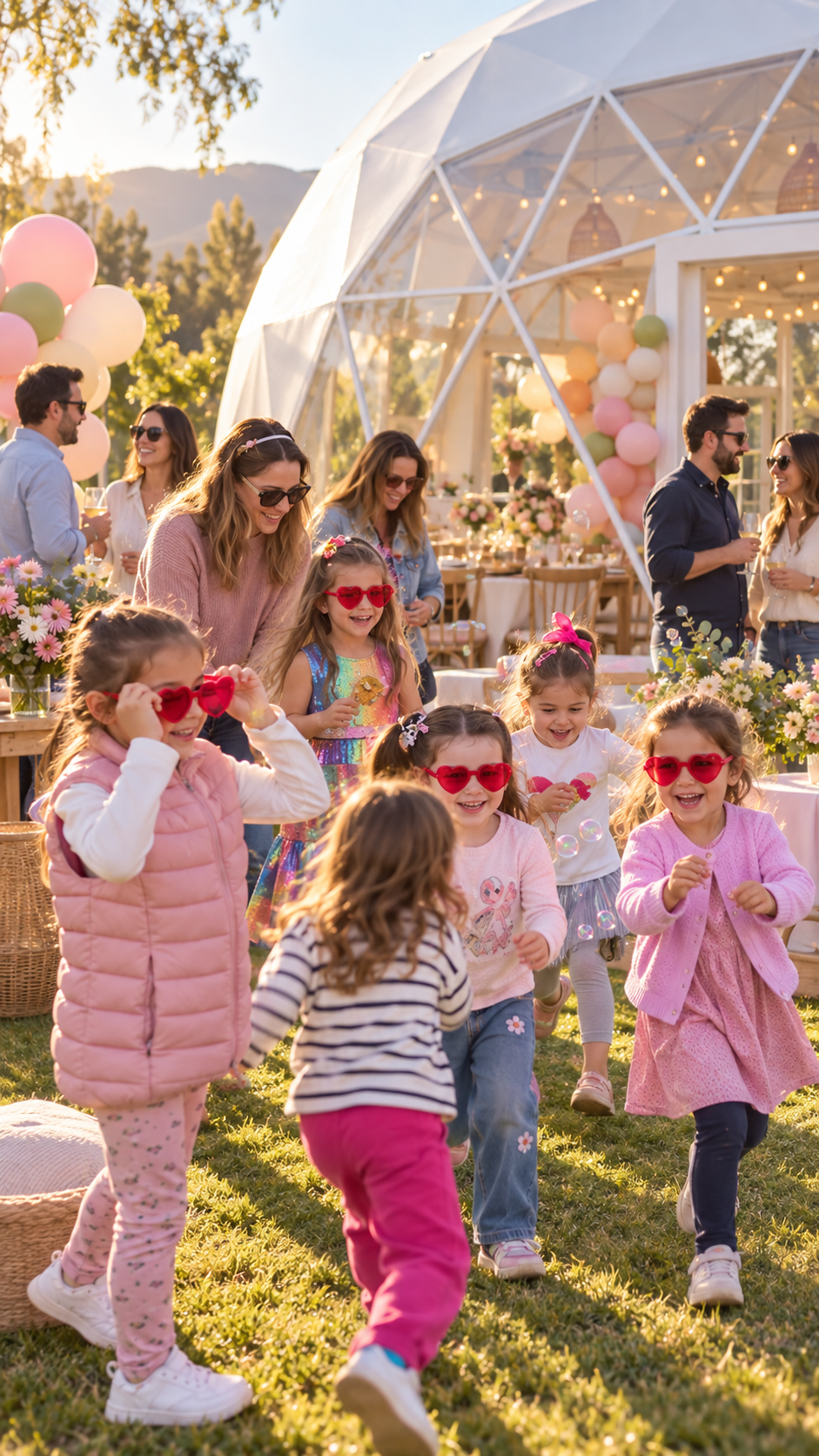 Niños y familias disfrutando una celebración frente al domo